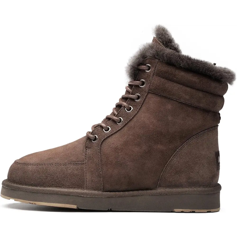 AU&MU Unisex Lace-Up Suede Short Sheepskin Winter Snow Boots