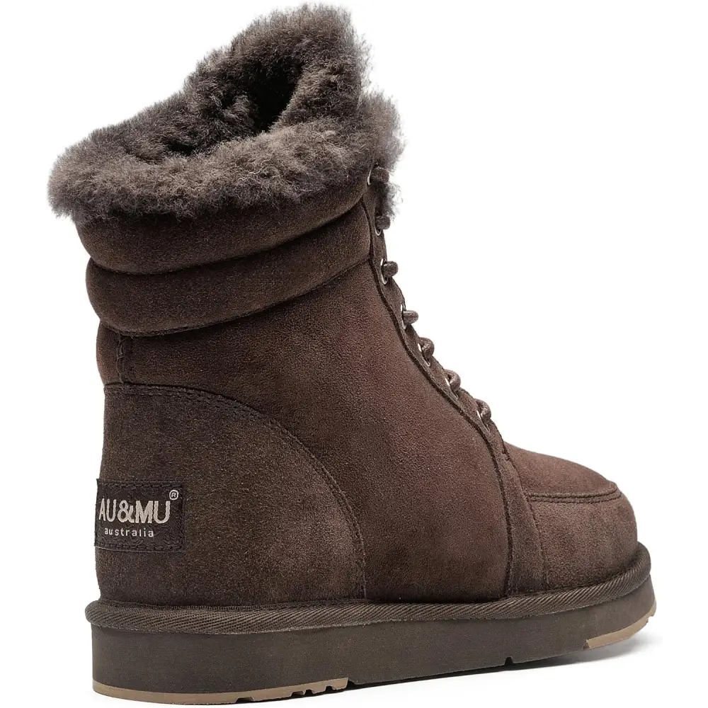 AU&MU Unisex Lace-Up Suede Short Sheepskin Winter Snow Boots