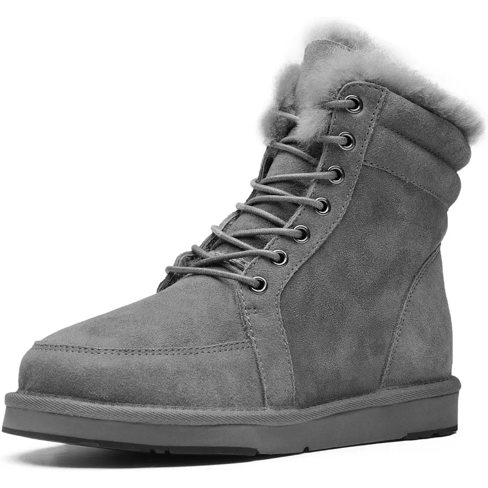 AU&MU Unisex Lace-Up Suede Short Sheepskin Winter Snow Boots - Grey / 8
