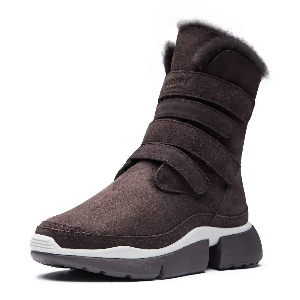 AUMU Classic Retro Hook and Loop Suede Sheepskin Elevator Hiden Heel Winter Snow Boots - 7.5 / Chocolate