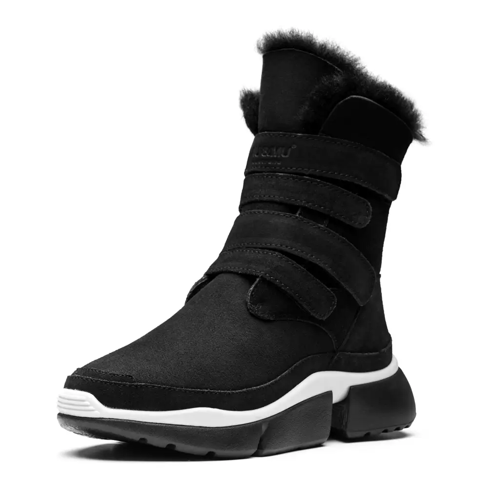AUMU Classic Retro Hook and Loop Suede Sheepskin Elevator Hiden Heel Winter Snow Boots - 10 / Black