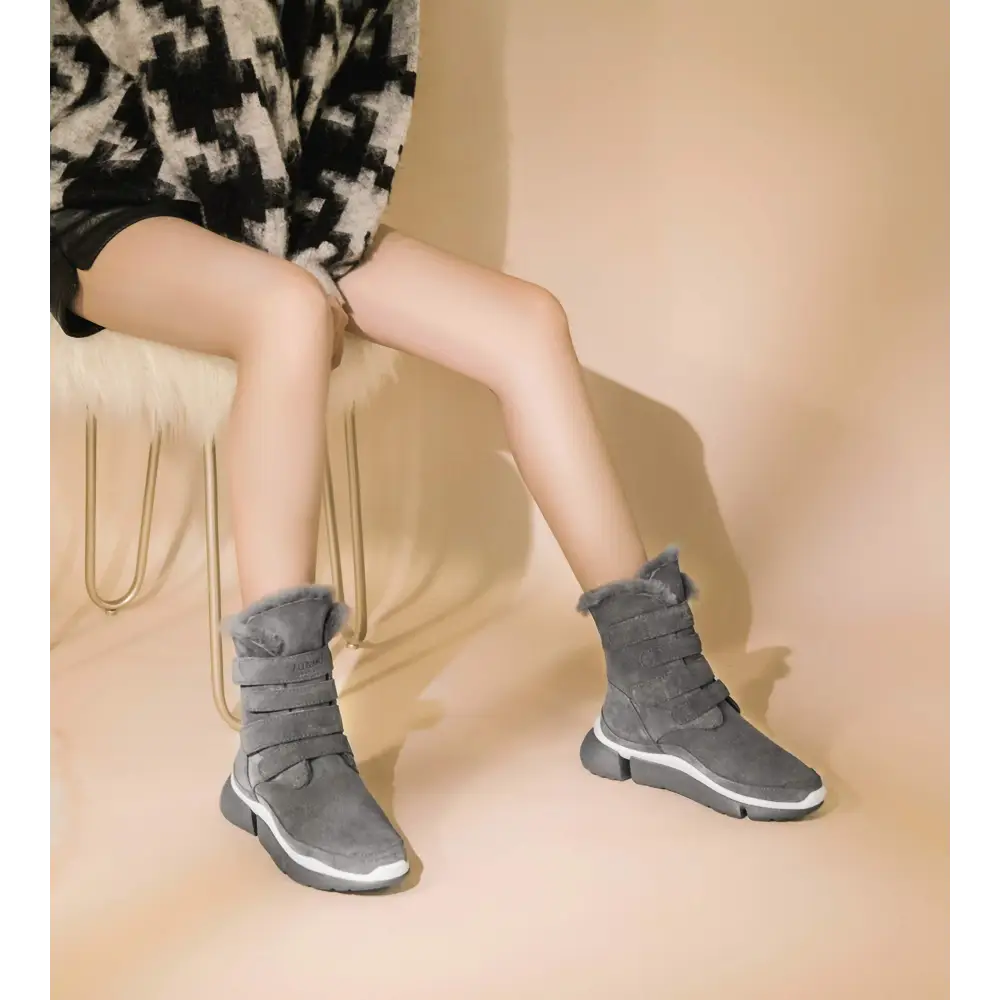 AUMU Classic Retro Hook and Loop Suede Sheepskin Elevator Hiden Heel Winter Snow Boots