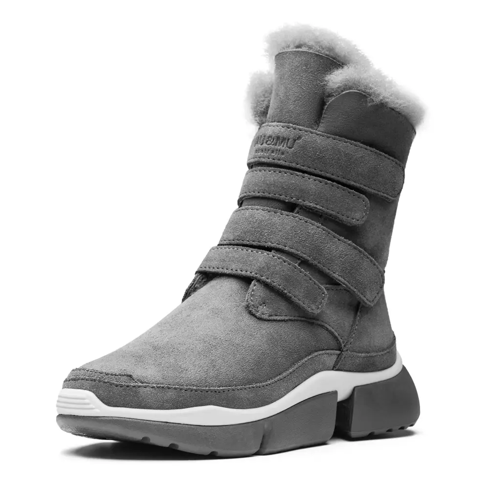 AUMU Classic Retro Hook and Loop Suede Sheepskin Elevator Hiden Heel Winter Snow Boots