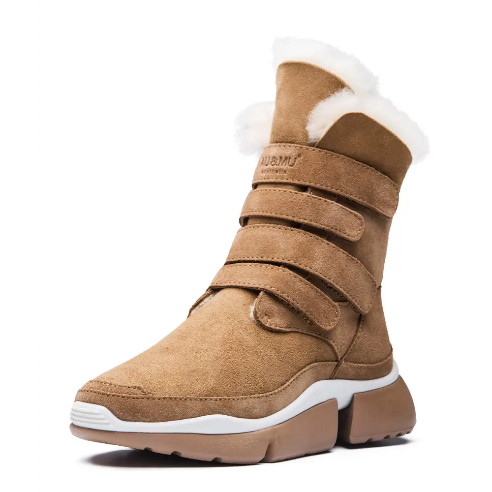 AUMU Classic Retro Hook and Loop Suede Sheepskin Elevator Hiden Heel Winter Snow Boots