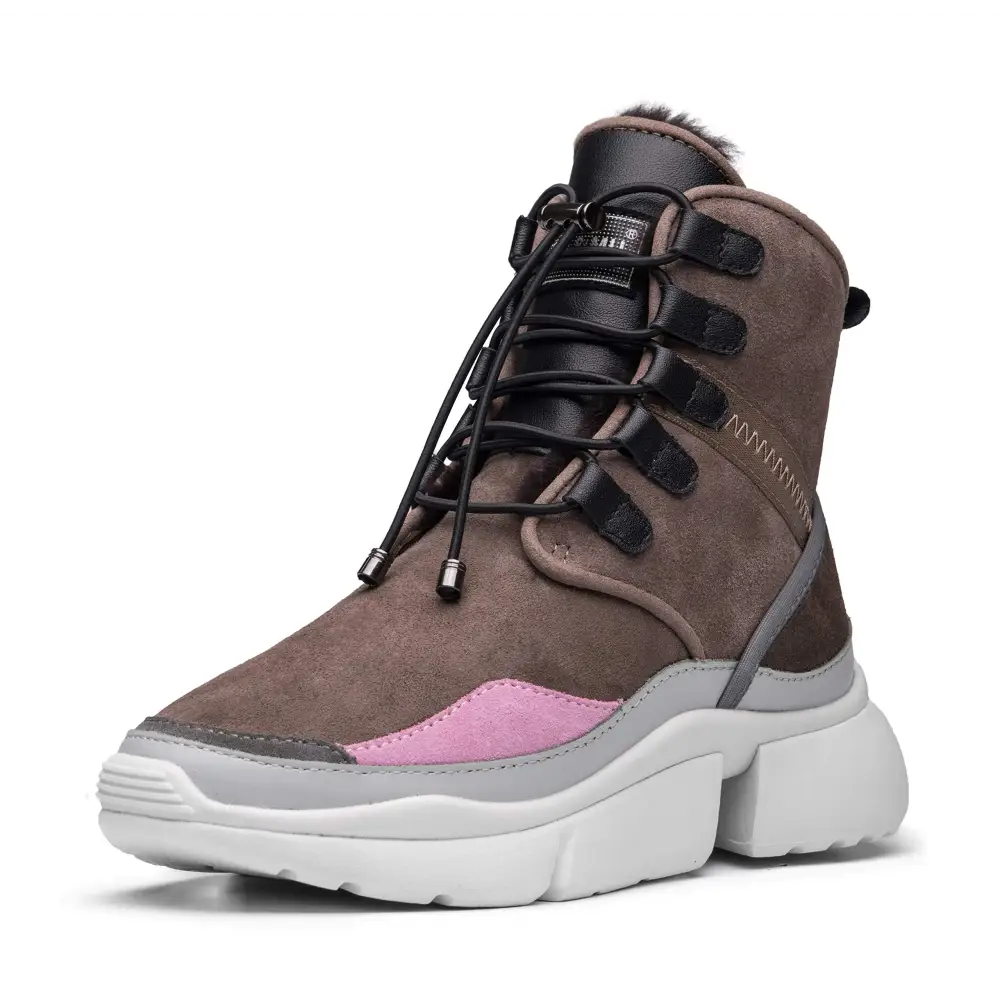 AUMU Retro Metal Buckle Suede Upper Elevator Hidden Heel Lace Up Winter Snow Boots - 7.5 / Chocolate